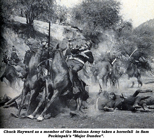 Chuck Hayward as a member of the Mexican Army takes a horsefall in John Wayne's "The Alamo".