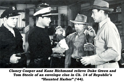 Clancy Cooper and Kane Richmond relieve Duke Green and Tom Steele of an envelope clue in Ch. 14 of Republic's "Haunted Harbor" ('44).