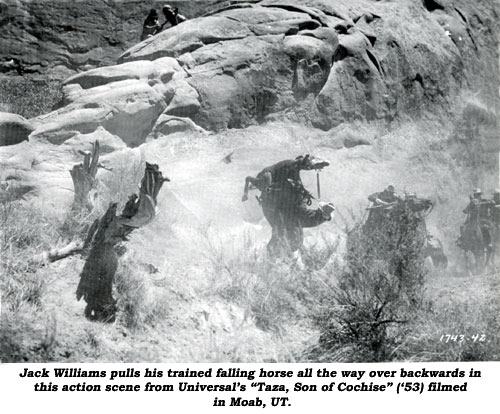 Jack Williams pulls his trained falling horse all the way over backwards in this action scene from Universal's "Taza, Son of Cochise" ('53) filmed in Moab, UT.