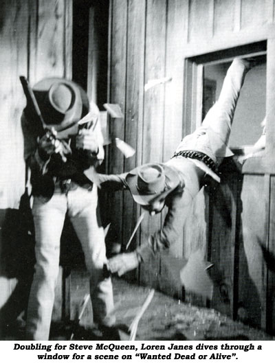 Doubling for Steve McQueen, Loren Janes dives through a window for a scene on "Wanted Dead or Alive".