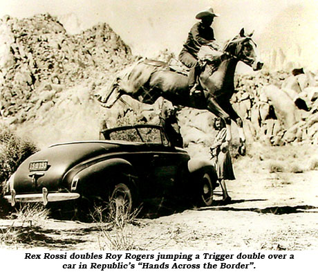 Rex Rossi doubles Roy Rogers jumping a Trigger double over a car in Republic's "Hands Across the Border".