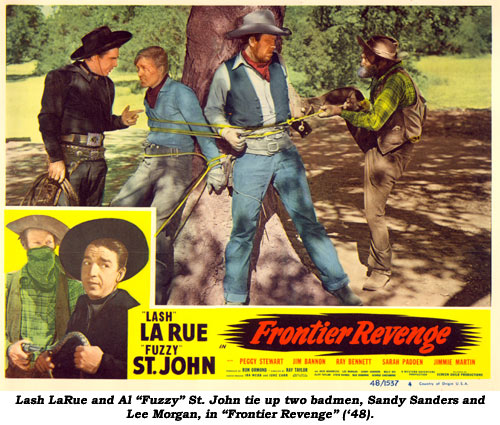 Lash LaRue and Al "Fuzzy" St. John tie up two badmen, Sandy Sanders and Lee Morgan, in "Frontier Revenge" ('48).