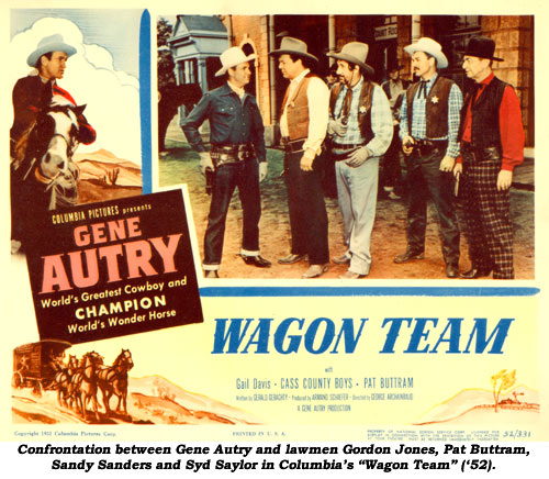 Confrontation between Gene Autry and lawmen Gordon Jones, Pat Buttram, Sandy Sanders and Syd Saylor in Columbia's "Wagon Team" ('52).
