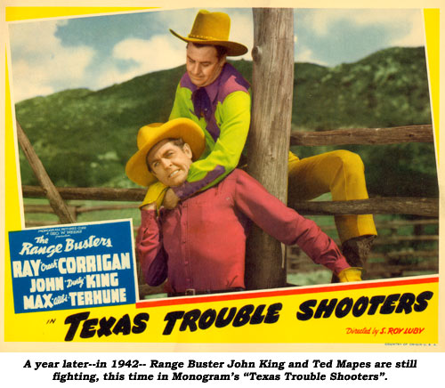 A year later--in 1942--Range Buster John King and Ted Mapes are still fighting, this time in Monogram's "Texas Trouble Shooters".