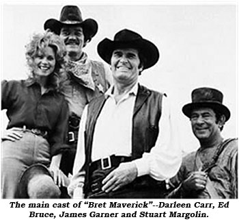 The main cast of "Bret Maverick"--Darleen Carr, Ed Bruce, James Garner and Stuart Margolin.