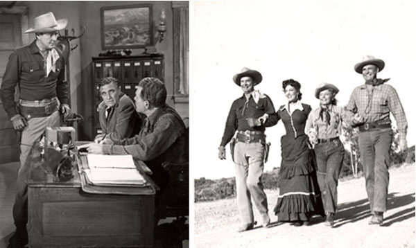Two pictures from Russell Hayden's personal collection. One-Russell confronts heavies in "Cowboy G-Men". Two-Russell and Jackie Coogan with leading ladies from Cowboy G-Men".