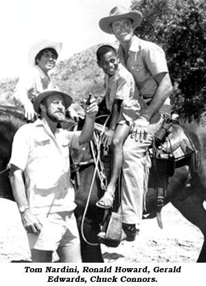The cast of "Cowboy in Africa": Tom Nardini, Ronald Howard, Gerald Edwards, Chuck Connors.