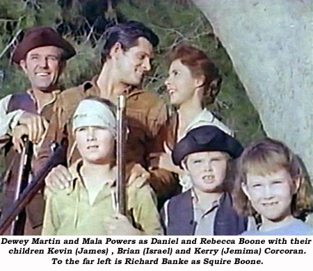 Dewey Martin and Mala Powers as Daniel and Rebecca Boone with their children Kevin (James), Brian (Israel) and Kerry (Jemima) Corcoran. To the far left is Richard Banke as Squire Boone.