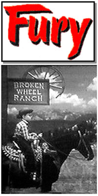 "Fury" logo with picture of Joey on Fury under a sign for the Broken Wheel Ranch.