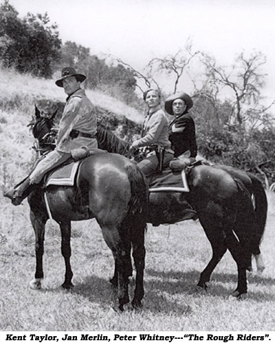 Kent Taylor, Jan Merlin, Peter Whitney--"The Rough Riders" on horseback.