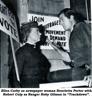 Ellen Corby as newspaper woman Henrietta Porter with Robert Culp as Ranger Hoby Gilman in "Trackdown". 