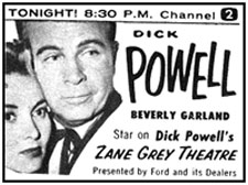 TV GUIDE ad for Dick Powell, Beverly Garland on Dick Powell's "Zane Grey Theatre".