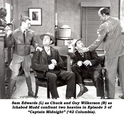 Sam Edwards (L) as Chuck and Guy Wilkerson (R) as Ichabod Mudd confront two heavies in Episode 3 of "Captain Midnight" ('42 Columbia).