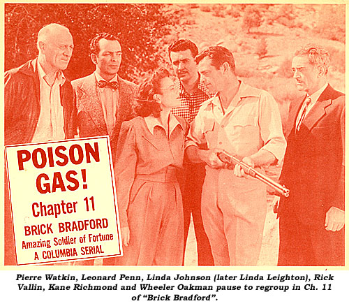 Pierre Watkin, Leonard Penn, Linda Johnson (later Linda Leighton), Rick Vallin, Kane Richmond and Wheeler Oakman pause to regroup in Ch. 11 of "Brick Bradford".