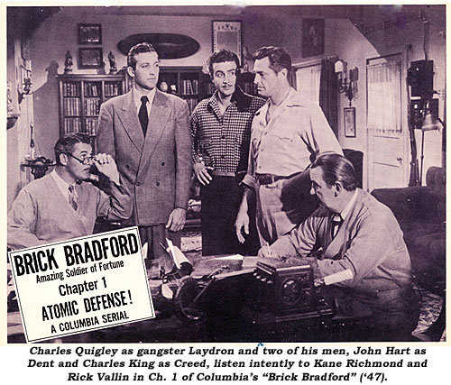 Charles Quigley as gangster Laydron and two of his men, John Hart as Dent and Charles King as Creed, listen intently to Kane Richmond and Rick Vallin in Ch. 1 of Columbia's "Brick Bradford" ('47).