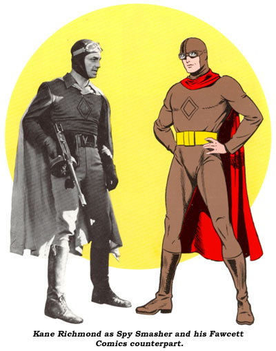 Kane Richmond as Spy Smasher and his Fawcett Comics counterpart.