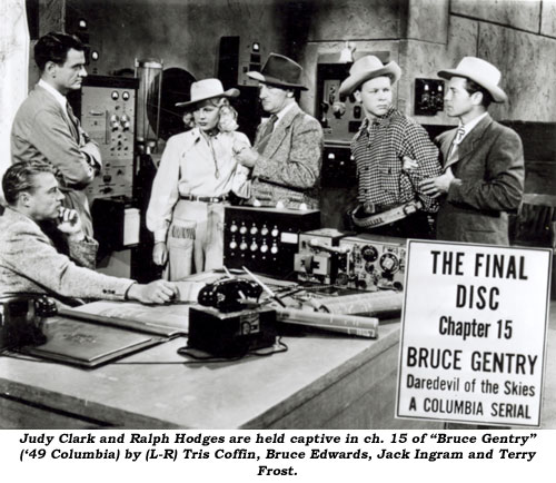 Judy Clark and Ralph Hodges are held captive in Ch. 15 of "Bruce Gentry" ('49 Columbia) by (L-R) Tris Coffin, Bruce Edwards, Jack Ingram and Terry Frost.