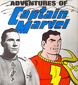 Captain Marvel (Tom Tyler) beside the comic book Captain Marvel.