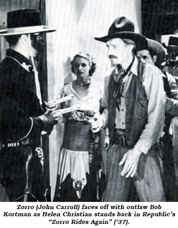 Zorro (John Carroll) faces off with outlaw Bob Kortman as Helen Christian stands back in Republic's "Zorro Rides Again" ('37).