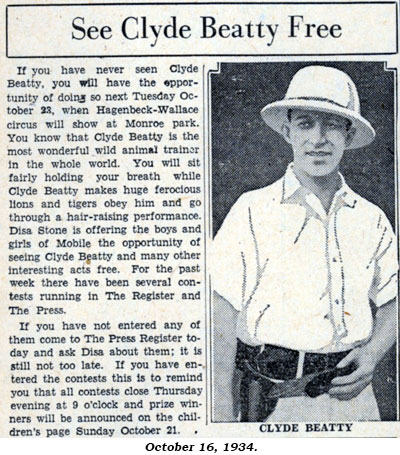 Article "See Clyde Beatty Free" from October 16, 1934 newspaper.