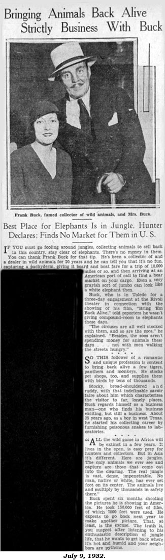 Article "Bringing Animals Back Alive Strictly Business with Buck" from July 9, 1932 newspaper.