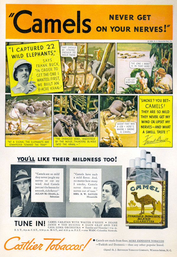 Ad for Camel cigarettes featuring Frank Buck.
