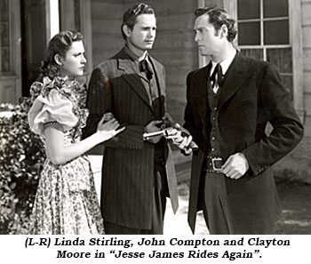 (L-R) Linda Stirling, John Compton and Clayton Moore in "Jesse James Rides Again".