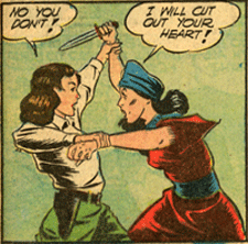 Comic book panels showing Nyoka and Vultura fighting.