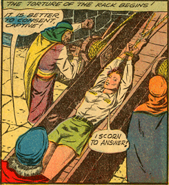 Comic book panel showing Nyoka tied to torture rack.