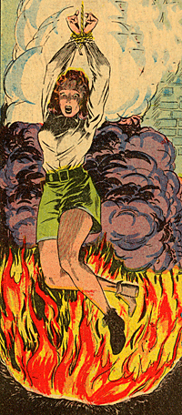 Comic book panel showing Nyoka hanging by her arms above flames.