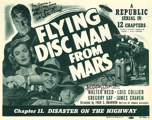 Title card for Chapter 11 "Disaster on the Highway" of "Flying Disc Man from Mars" starring Walter Reed. Card is autographed by Walter Reed and Harry Lauter.