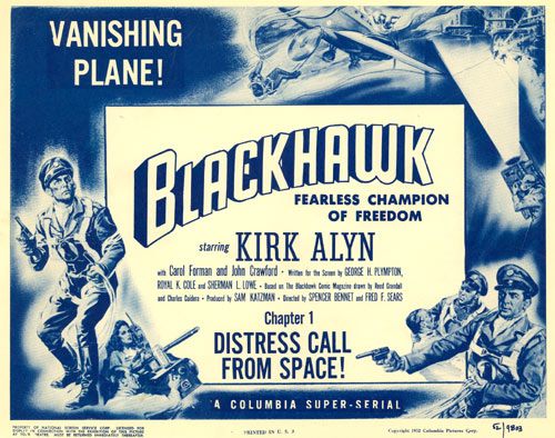 Title card for "Blackhawk" serial starring Kirk Alyn.