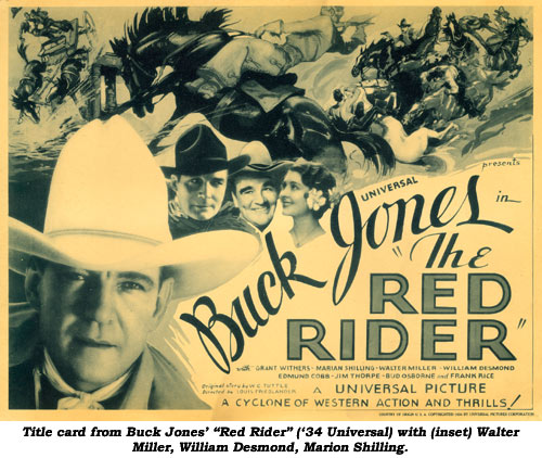 Title card from Buck Jones' "Red Rider" ('34 Universal) with (inset) Walter Miller, William Desmond, Marion Shilling.