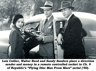 Walter Reed, Sandy Sanders and Lois Collier place a direction sender and money in a remote controlled rocket in Ch. 9 of Republic's "Flying Disc Man From Mars" serial ('50).