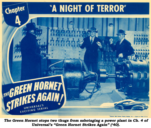 The Green Hornet stops two thugs from sabotaging a power plant in Ch. 4 of Universal's "Green Hornet Strikes Again" ('40).