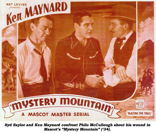 Syd Saylor and Ken Maynard confront Philo McCullough about his wound in Mascot's "Mystery Mountain" ('34).