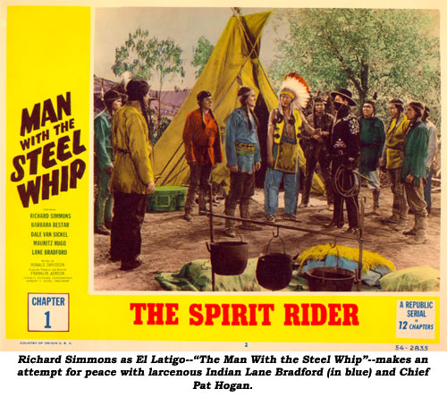 Richard Simmons as El Latigo--"The Man With the Steel Whip"--makes an attempt for peace with larcenous Indian Lane Bradford (in blue) and Chief Pat Hogan.