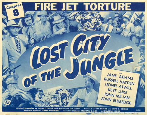 Lost City of the Jungle serial lobby card. Ch. 8 fire Jet Torture.
