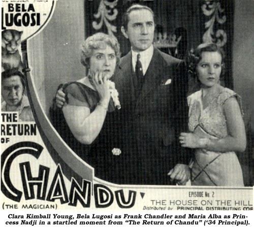 Clara Kimball Young, Bela Lugosi as Frank Chandler and Maria Alba as Princess Nadji in a startled moment from "The Return of Chancu" ('34 Principal).