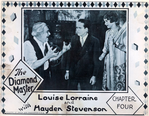 Lobby card for "The Diamond Master" Chapter 4 starring Louise Lorraine and Hayden Stevenson.