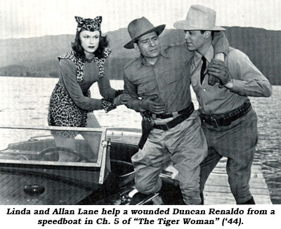 Linda and Allan Lane help a wounded Duncan Renaldo from a speedboat in Ch. 5 of "The Tiger Woman" ('44).