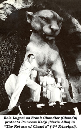 Bela Lugosi as Frank Chandler (Chandu) protects Princess Nadji (Maria Alba) in "The Return of Chandu" ('34 Principal).