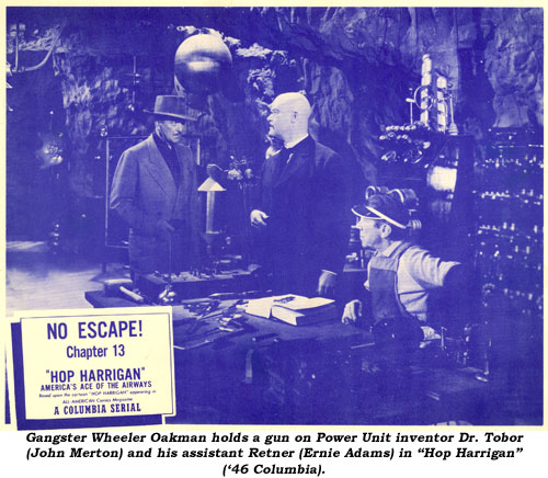 Gangster Wheeler Oakman holds a gun on Power Unit inventor Dr. Tobor (John Merton) and his assistant Retner (Ernie Adams) in "Hop Harrigan" ('46 Columbia).