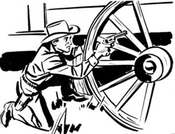 Artwork. Boy shooting from behind wagonwheel.