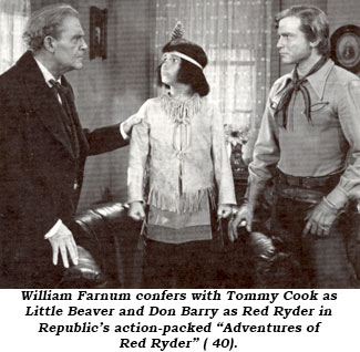 William Farnum confers with Tommy Cook as Little Beaver and Don Barry as Red Ryder in Republic's action-packed "Adventures of Red Ryder" ('40).