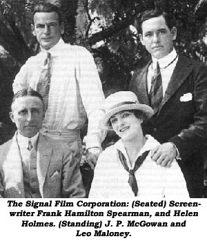 The Signal Film Corporation: (Seated) Screenwriter Frank Hamilton Spearman and Helen Holmes. (Standing) J. P. McGowan and Leo Maloney.