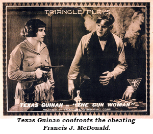 Texas Guinan confronts the cheating Francis J. McDonald in "The Gun Woman" (1918).