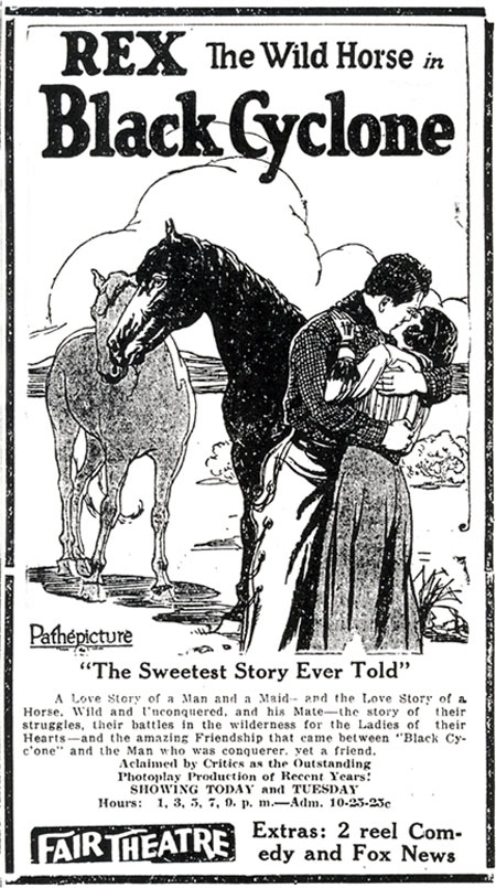 Newspaper ad for Rex the Wild Horse in "Black Cyclone".