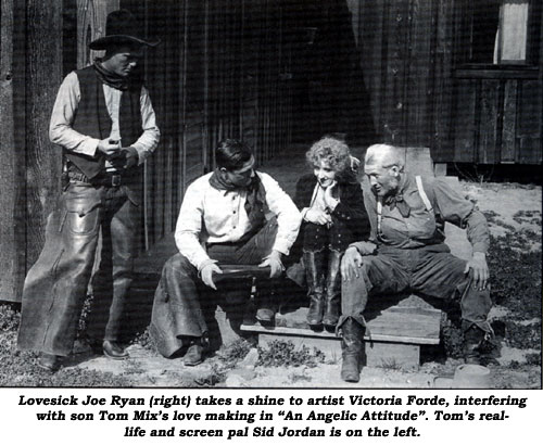 Lovesick Joe Ryan (right) takes a shine to artist Victoria Forde, interfering with son Tom Mix's love making in "An Angelic Attitude". Tom's real life and screen pal Sid Jordan is on the left.