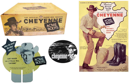 Without a doubt the biggest TV Western star of them all, Clint “Cheyenne” Walker endorses Acme Boots in this montage. (Thanx to Lonnie Chapman.) 